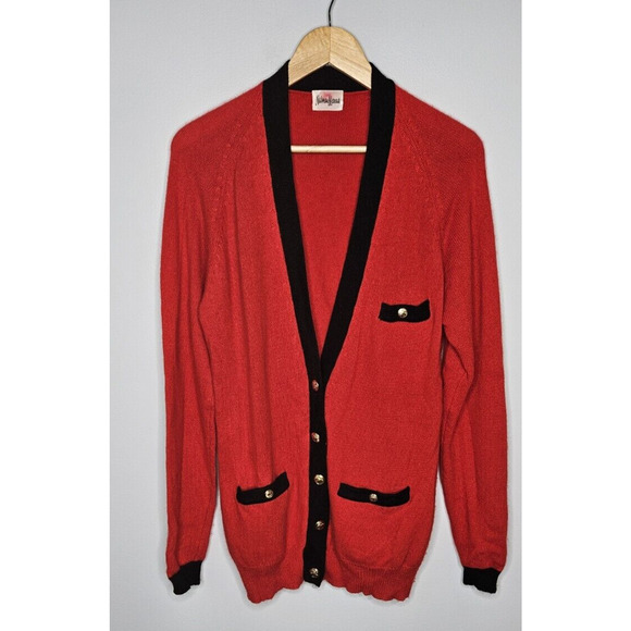 VTG 90s Neiman Marcus Womens Cardigan Sweater Large Red Cashmere Gold Button Up - Picture 1 of 10